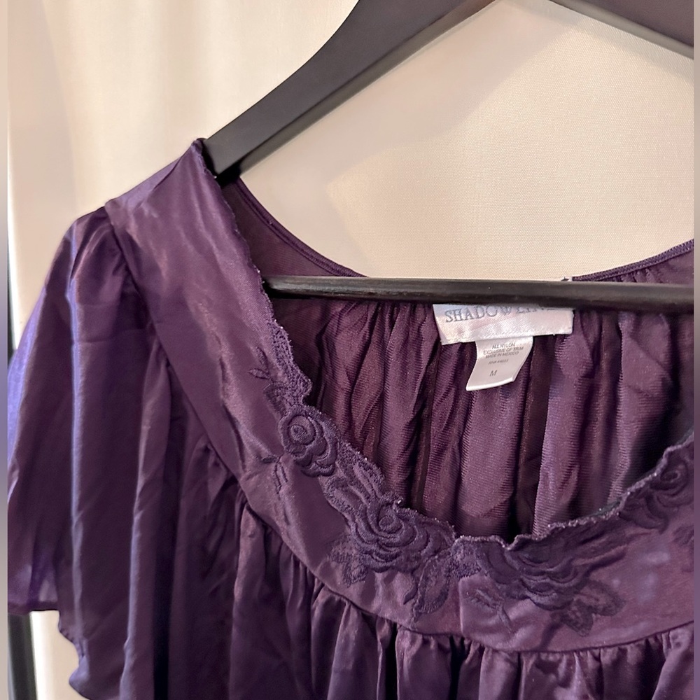 Vintage Shadowline Purple Nylon Nightgown – Floral Embroidered Neckline, Size M